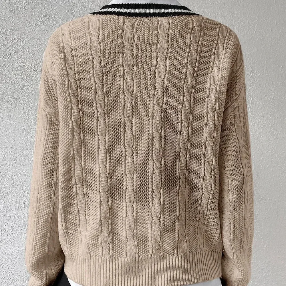 Khaki Casual Women's Striped Trim Drop Shoulder Cable Knit Sweater
